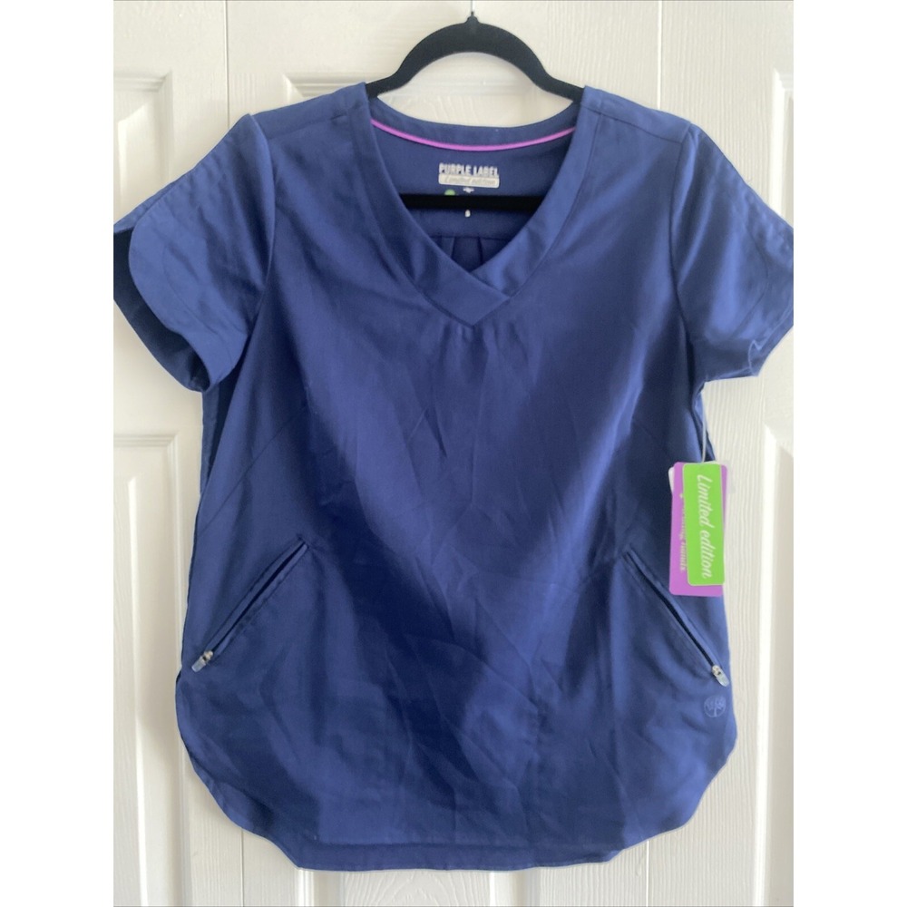 Healing Hands Purple Label Scrub Top Womens Size S Blue V-Neck Zipper Pocket NWT